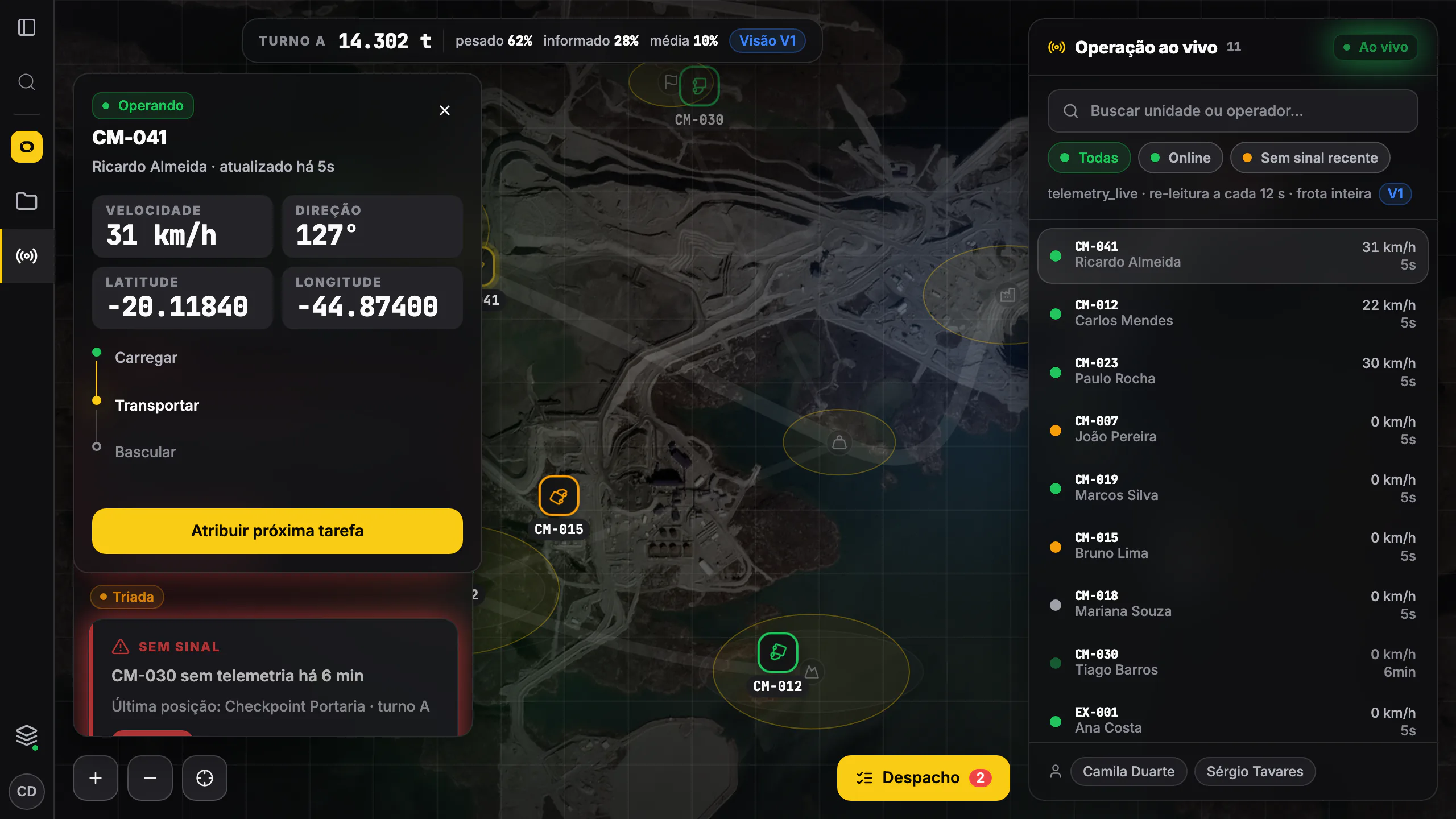 Fullscreen live map: aerial mine, status markers, geofence rings, Inspector